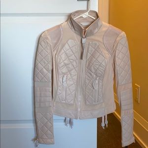 Blanc Noir Blush coloured leather moto jacket.